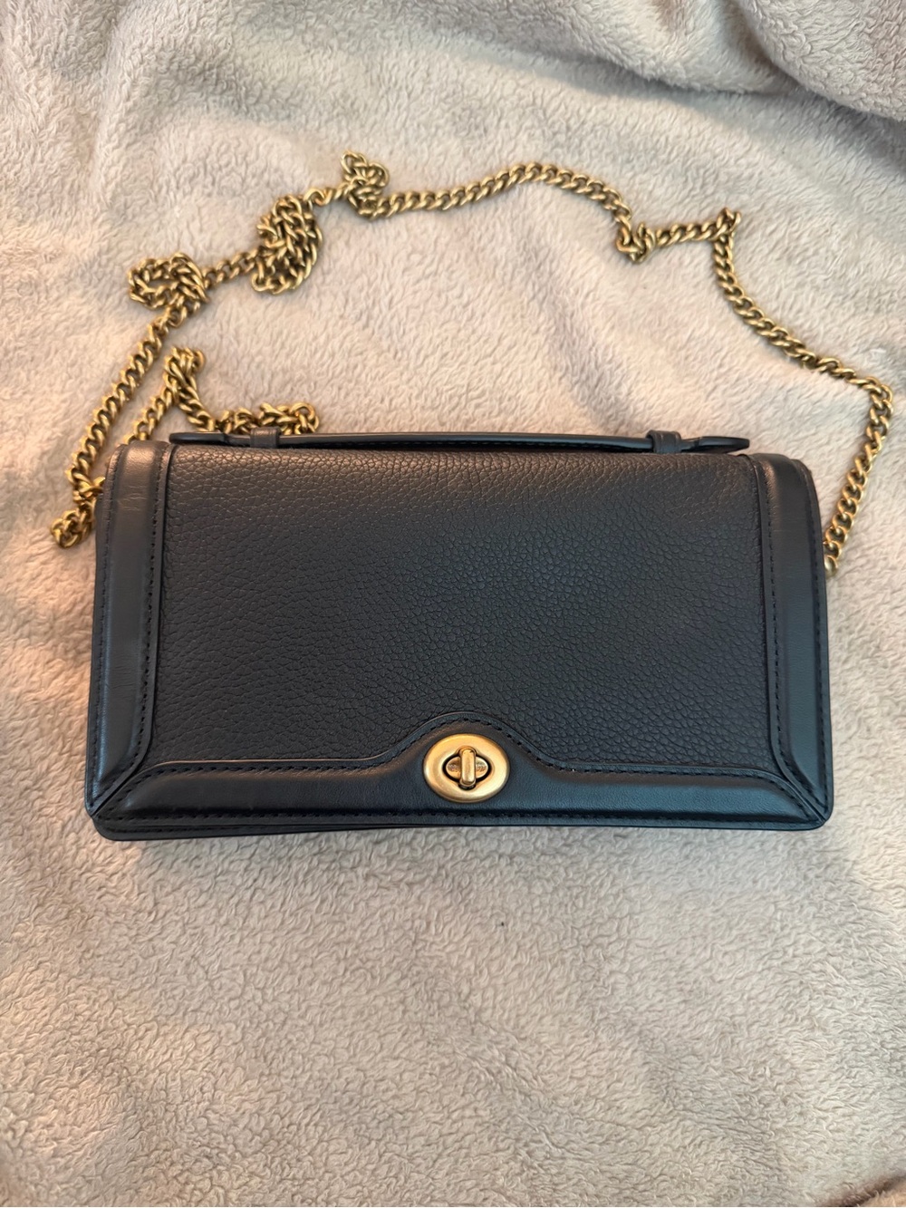 Coach Black Leather Crossbody with Gold Turnlock and Chain